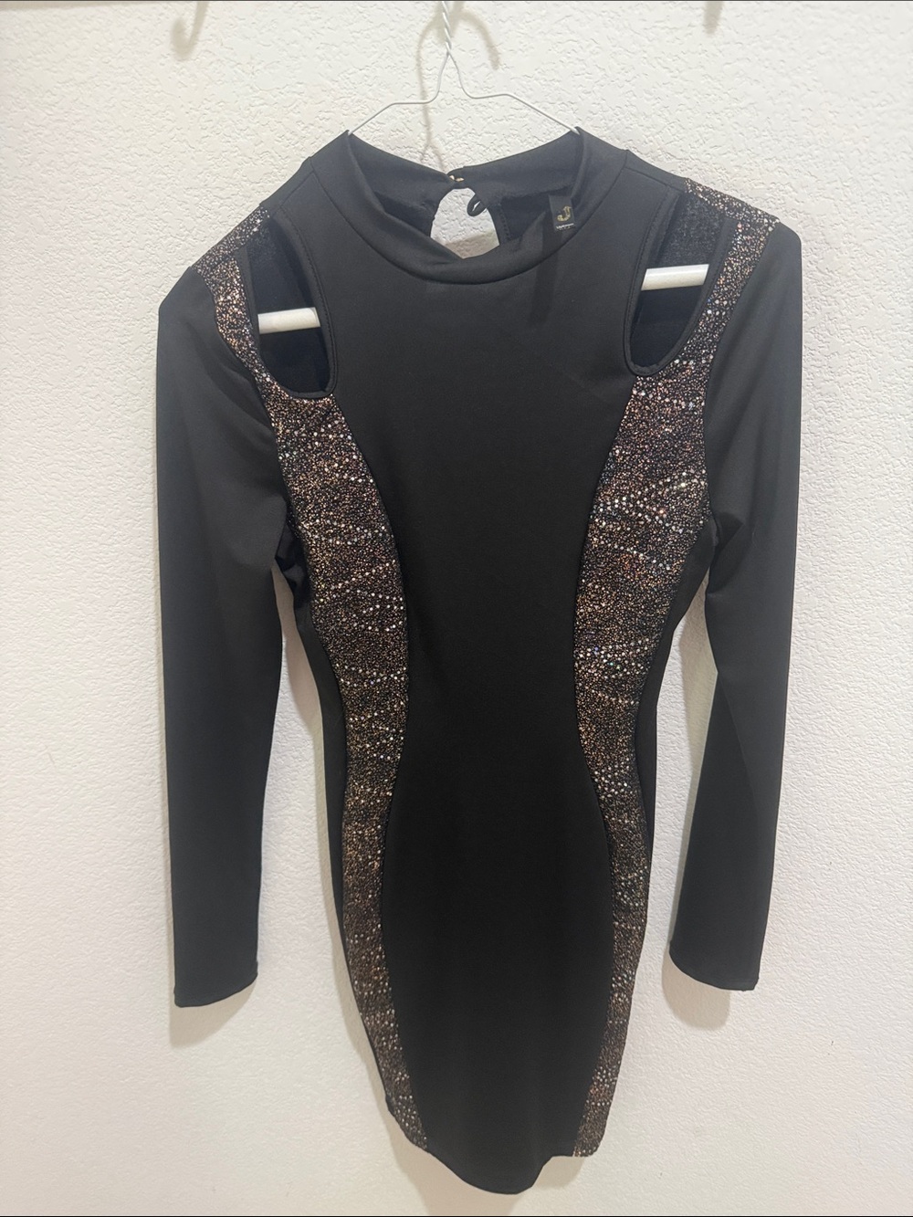 Black Long-Sleeve Bodycon Dress with Glitter Panels